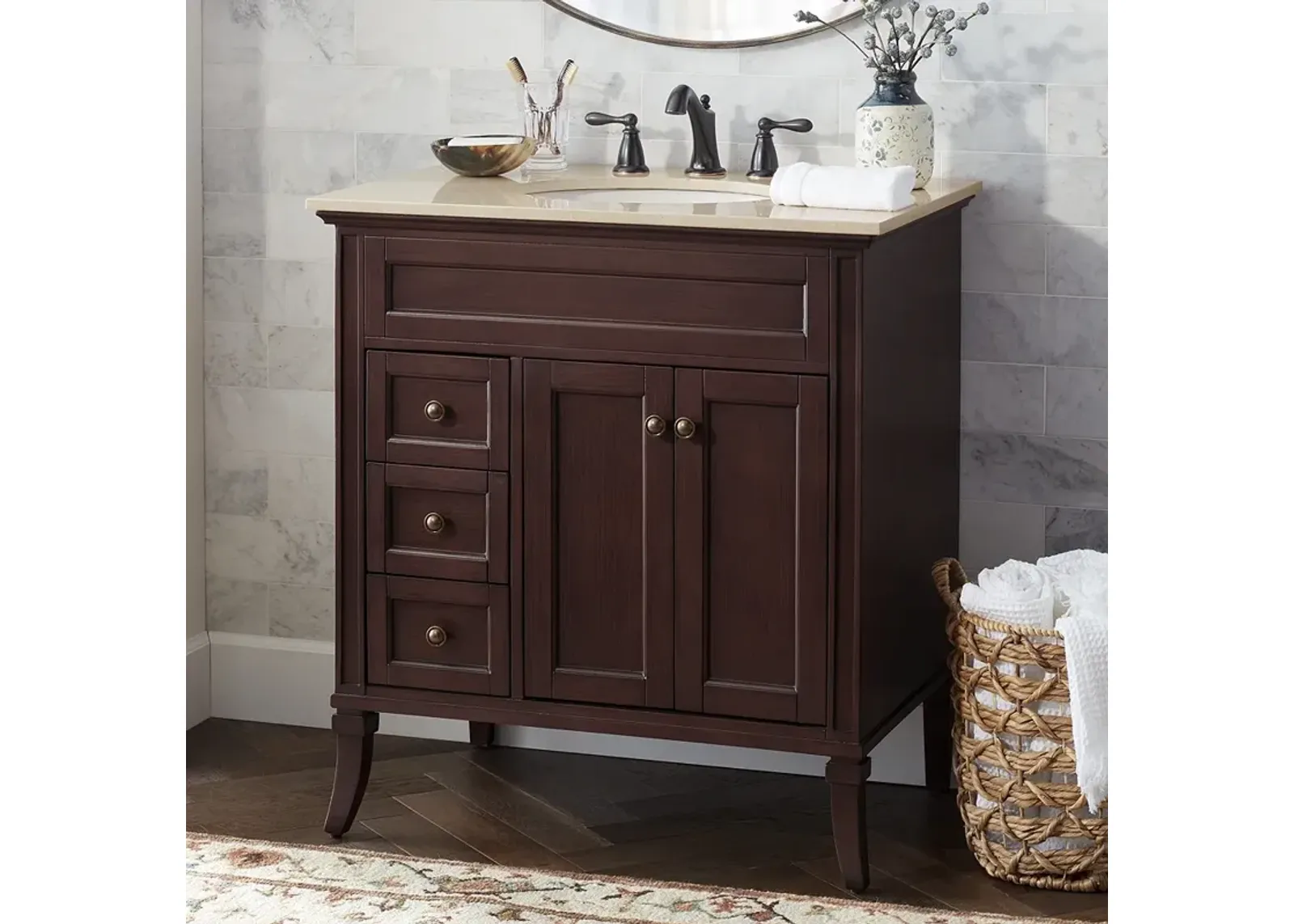 Afton 32" Wide 3-Drawer Marble Top and Teak Wood Single Sink Vanity