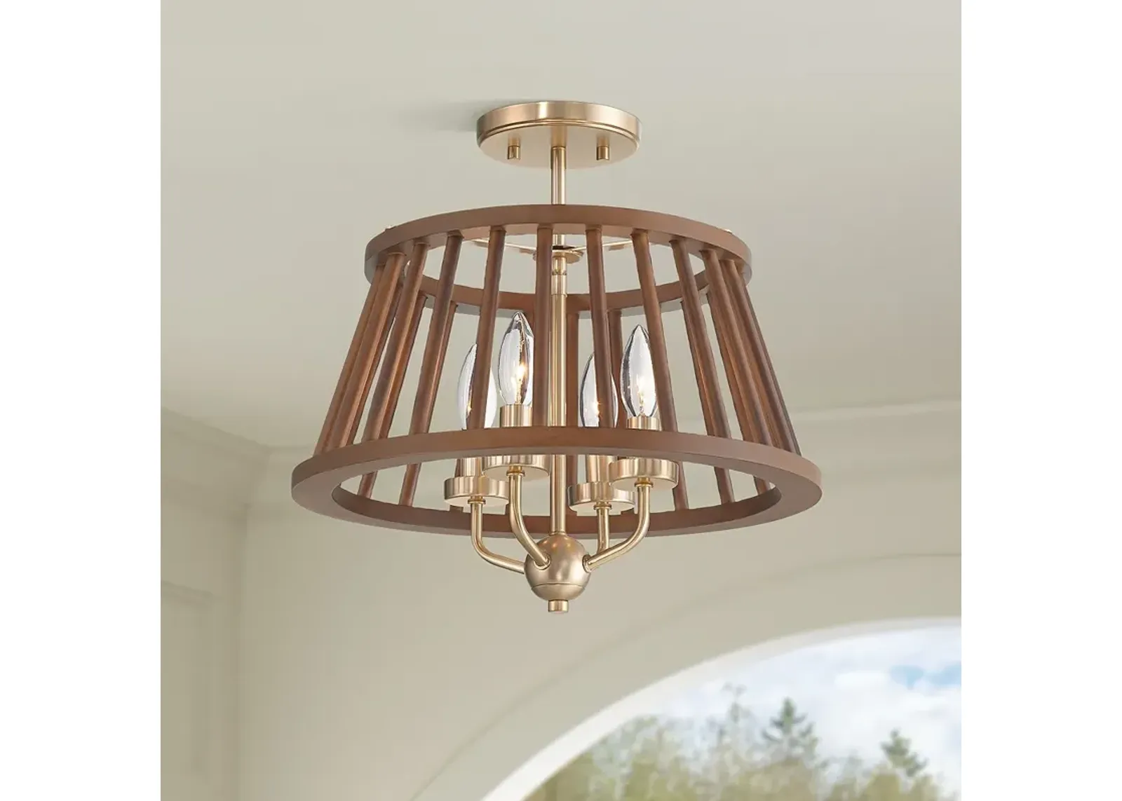 Givens 15 3/4"W Satin Bronze and Wood 4-Light Ceiling Light