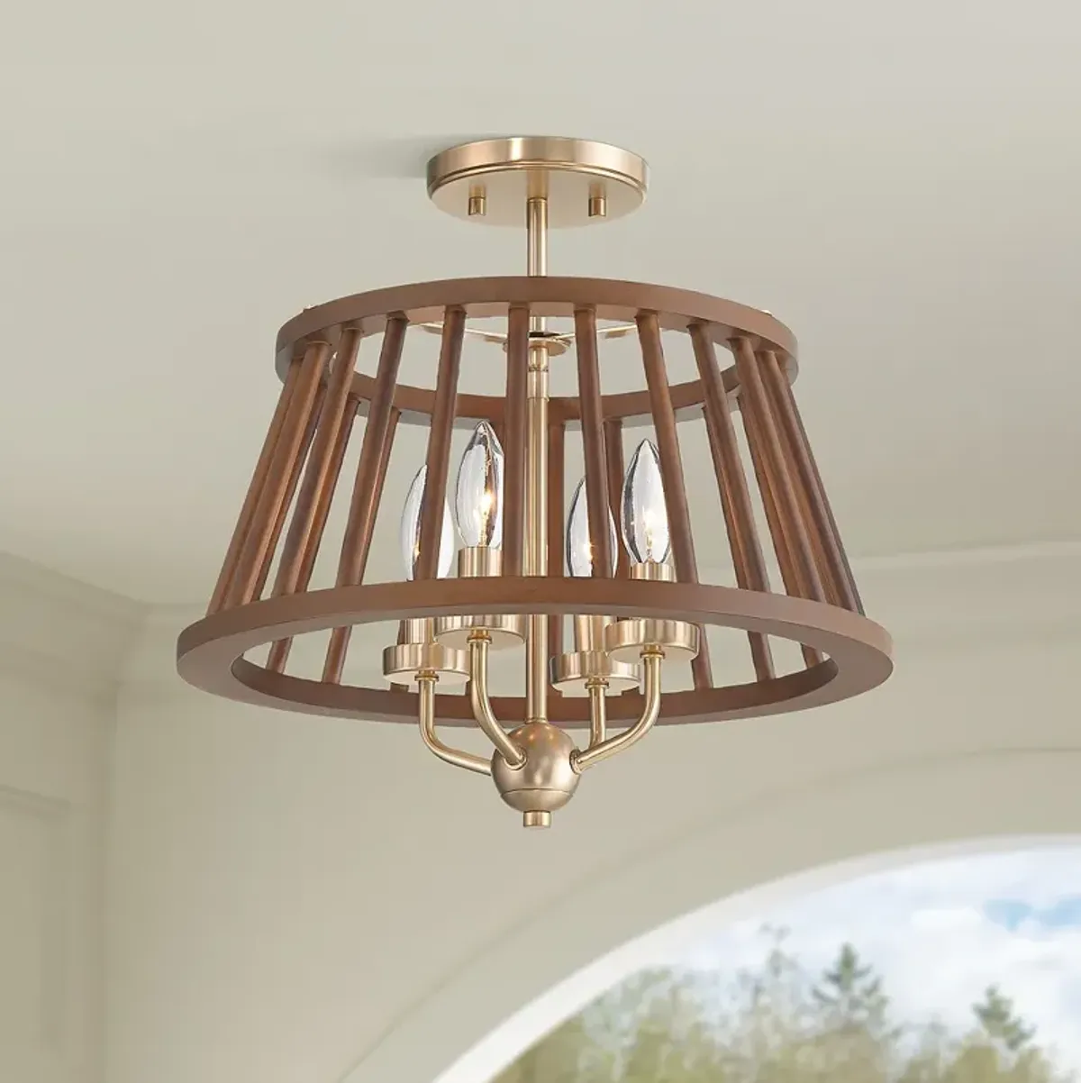 Givens 15 3/4"W Satin Bronze and Wood 4-Light Ceiling Light