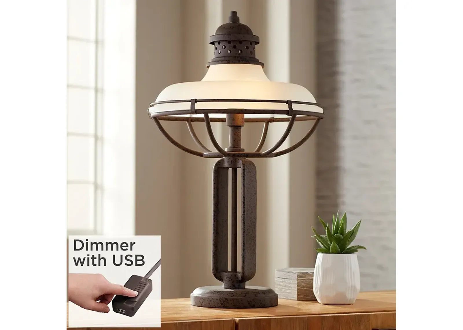 Franklin Iron Works Dome Glass Industrial Table Lamp with USB Cord Dimmer