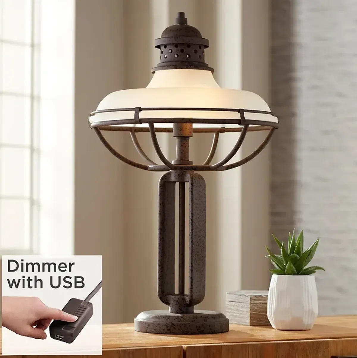 Franklin Iron Works Dome Glass Industrial Table Lamp with USB Cord Dimmer