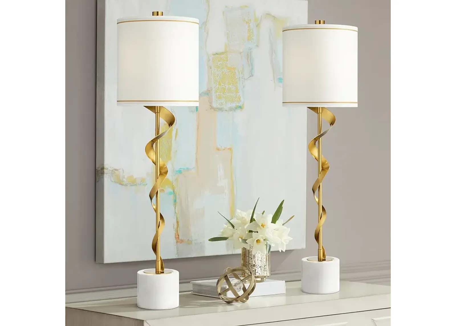 Possini Euro Ribbon 34 1/2" Marble and Gold Buffet Lamps Set of 2