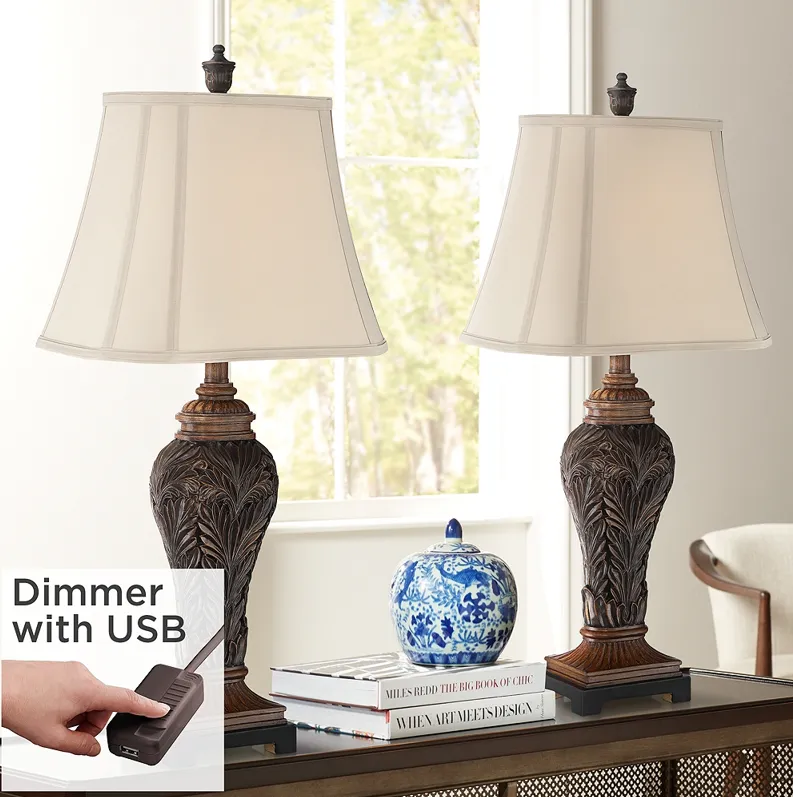 Barnes and Ivy Leafwork Vase Table Lamps Set of 2 with USB Cord Dimmers