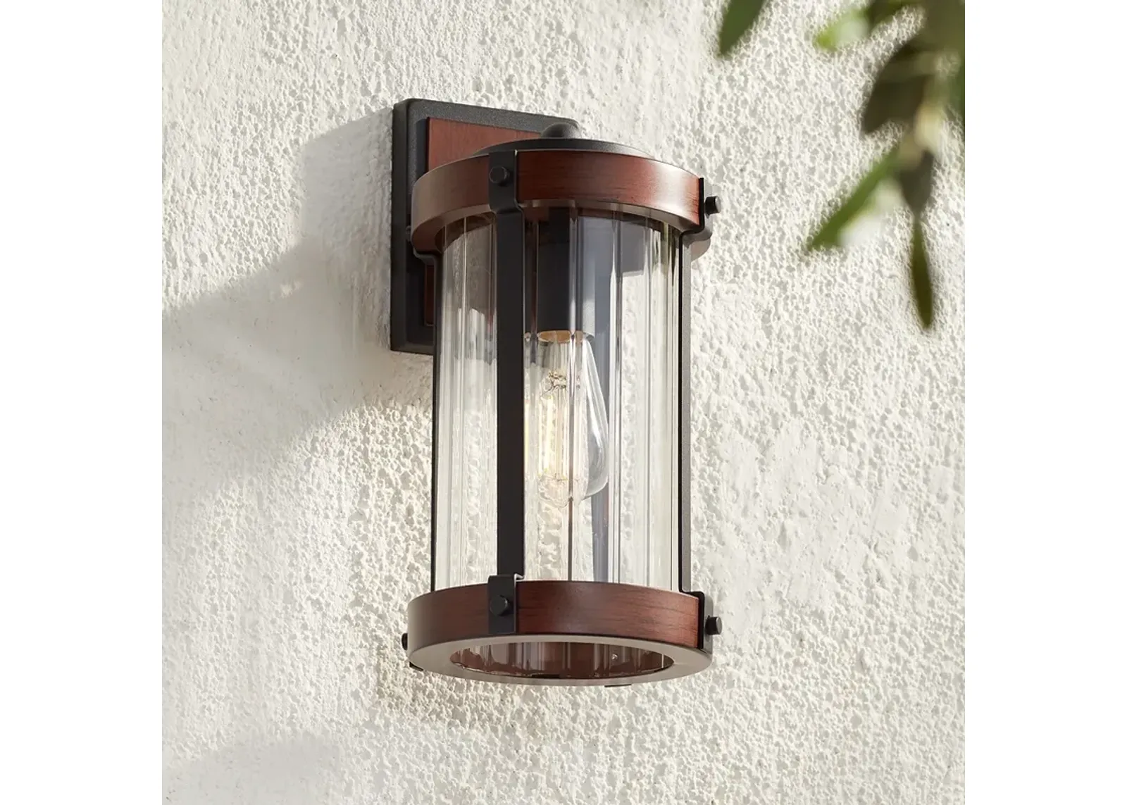 John Timberland Stan 13 3/4" Black and Dark Wood Outdoor Wall Light