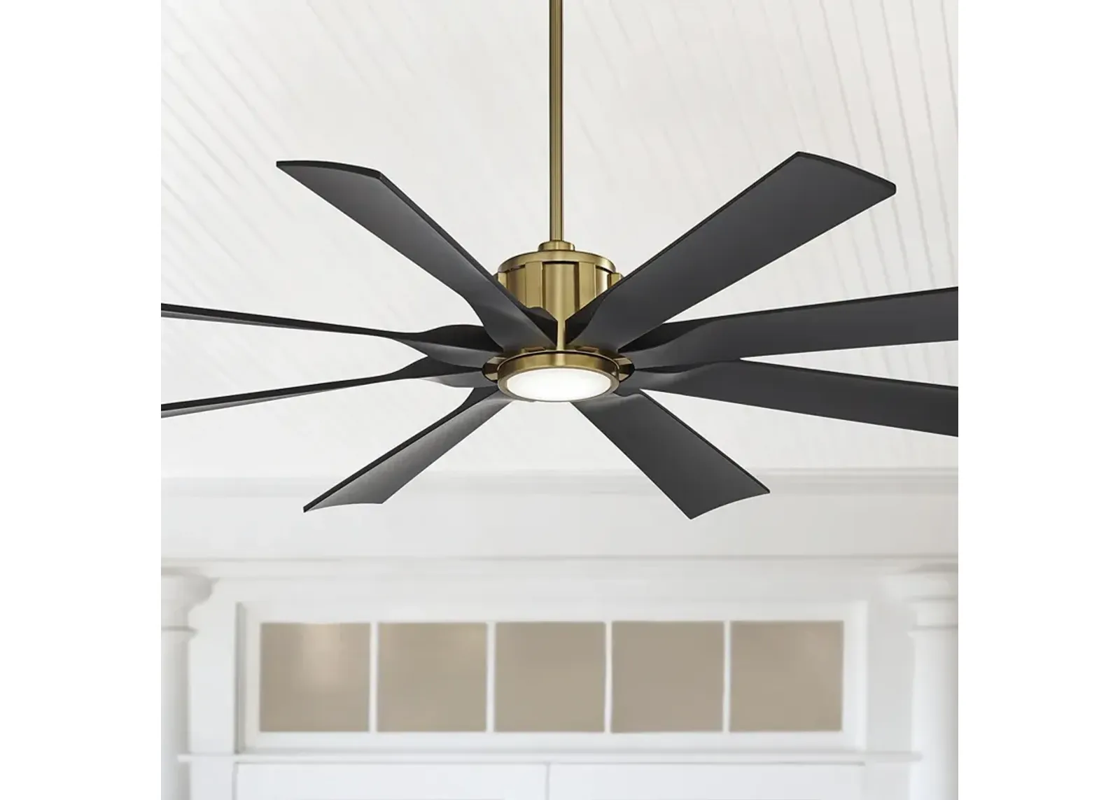 60" Possini Defender Soft Brass/Black Damp LED Ceiling Fan with Remote