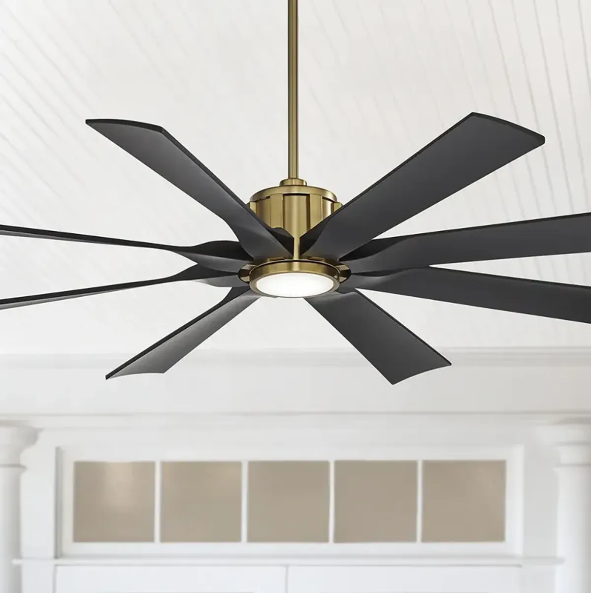 60" Possini Defender Soft Brass/Black Damp LED Ceiling Fan with Remote