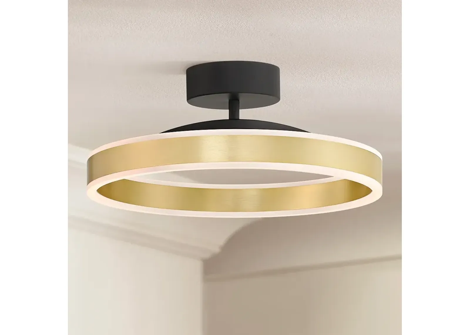 Eliza 16"W Matte Black Antique Brass LED Ring Ceiling Light