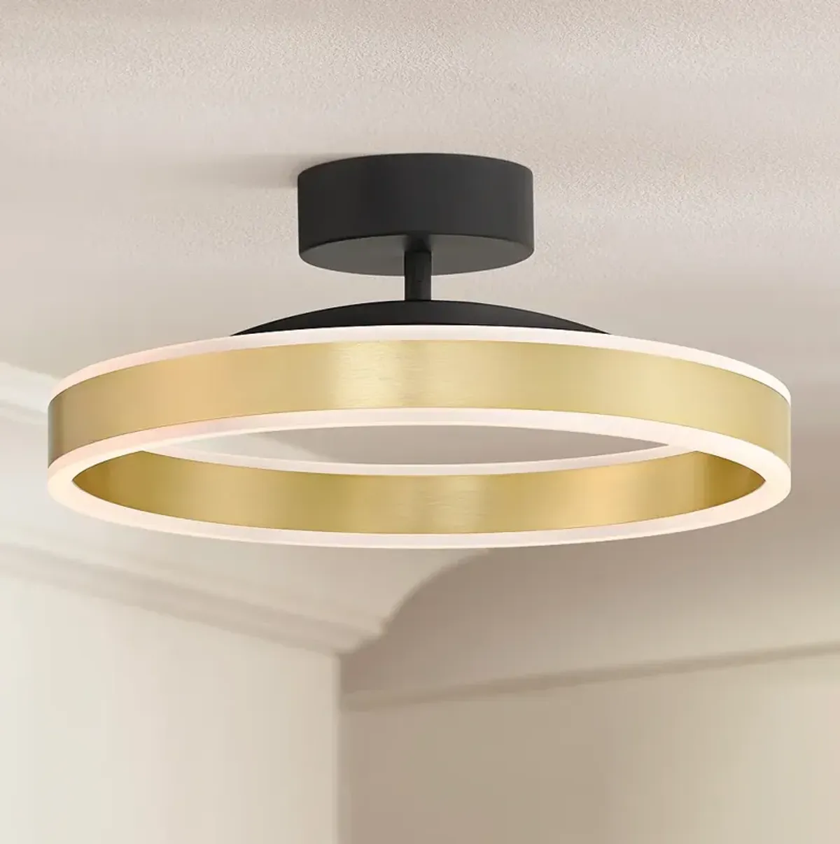 Eliza 16"W Matte Black Antique Brass LED Ring Ceiling Light