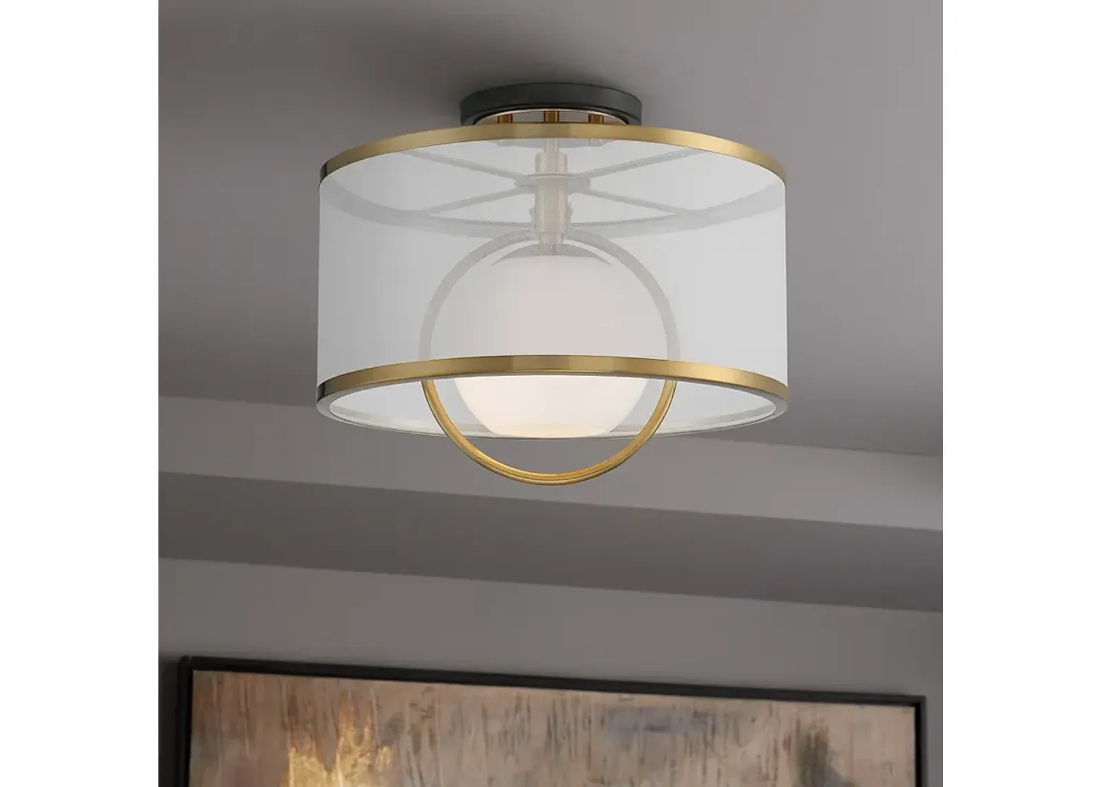 Possini Euro Carlyn 14" Wide Sheer Shade and Brass Drum Ceiling Light