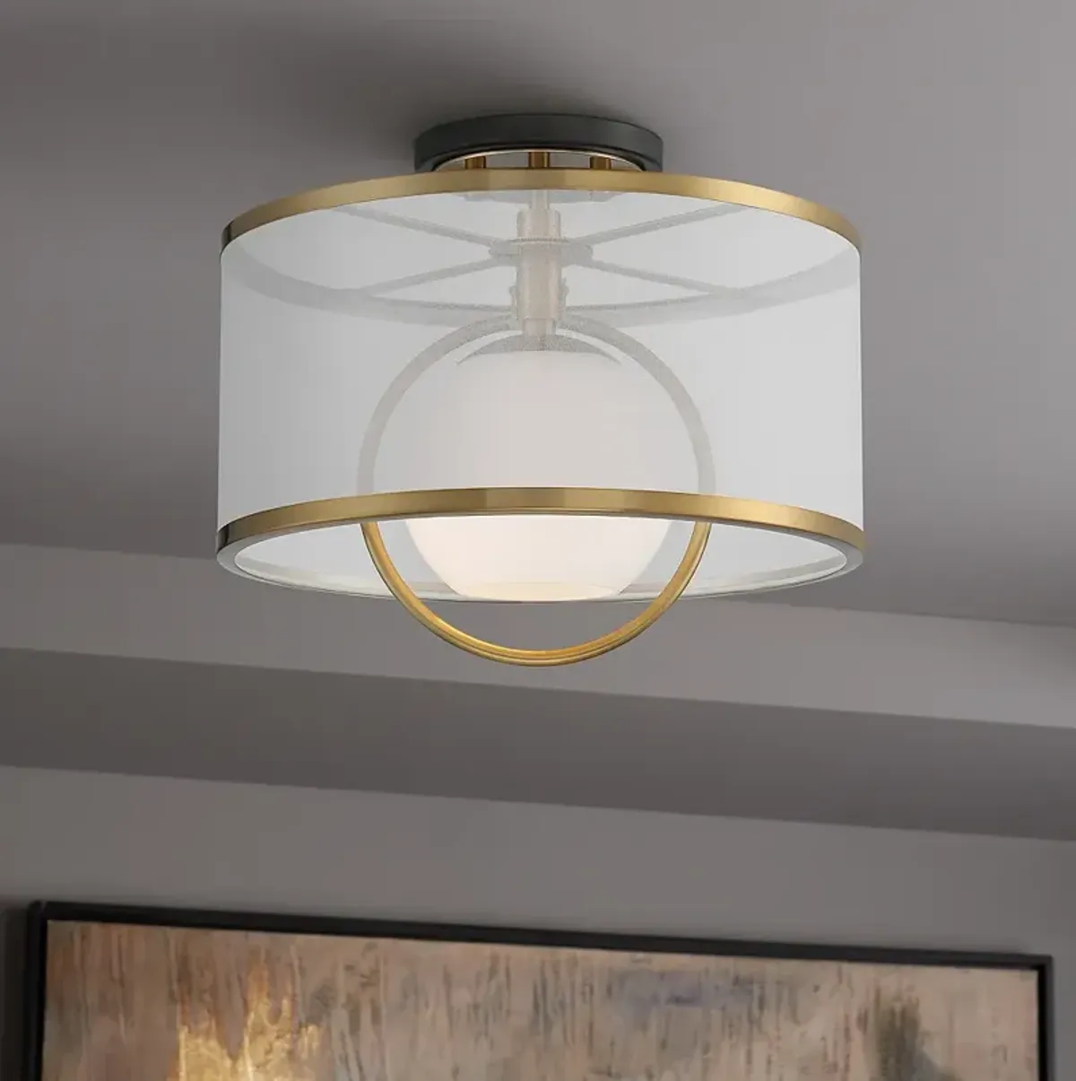 Possini Euro Carlyn 14" Wide Sheer Shade and Brass Drum Ceiling Light