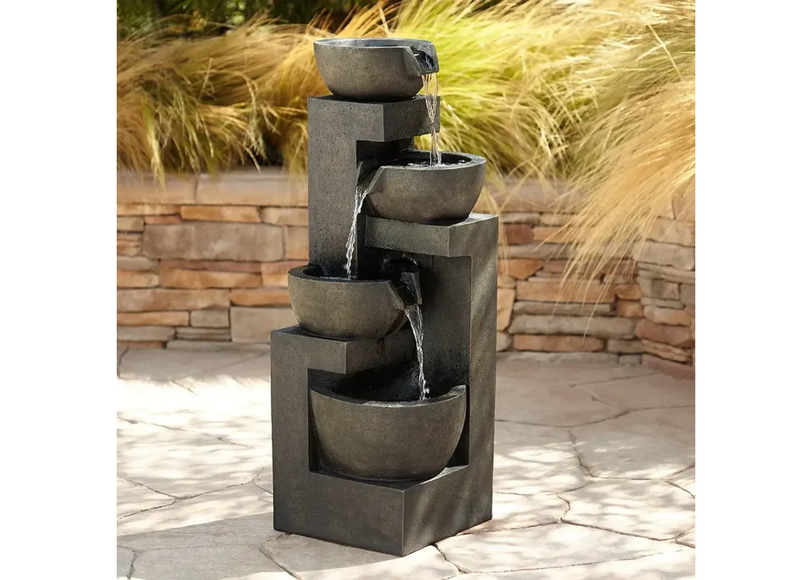 Four Bowl 42" High Gray Cascading Outdoor Fountain with LED Lights