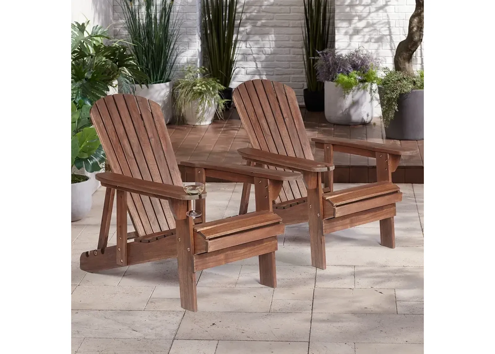 Kava Dark Brown Wood Outdoor Adirondack Chair with Wine Holder Set of 2