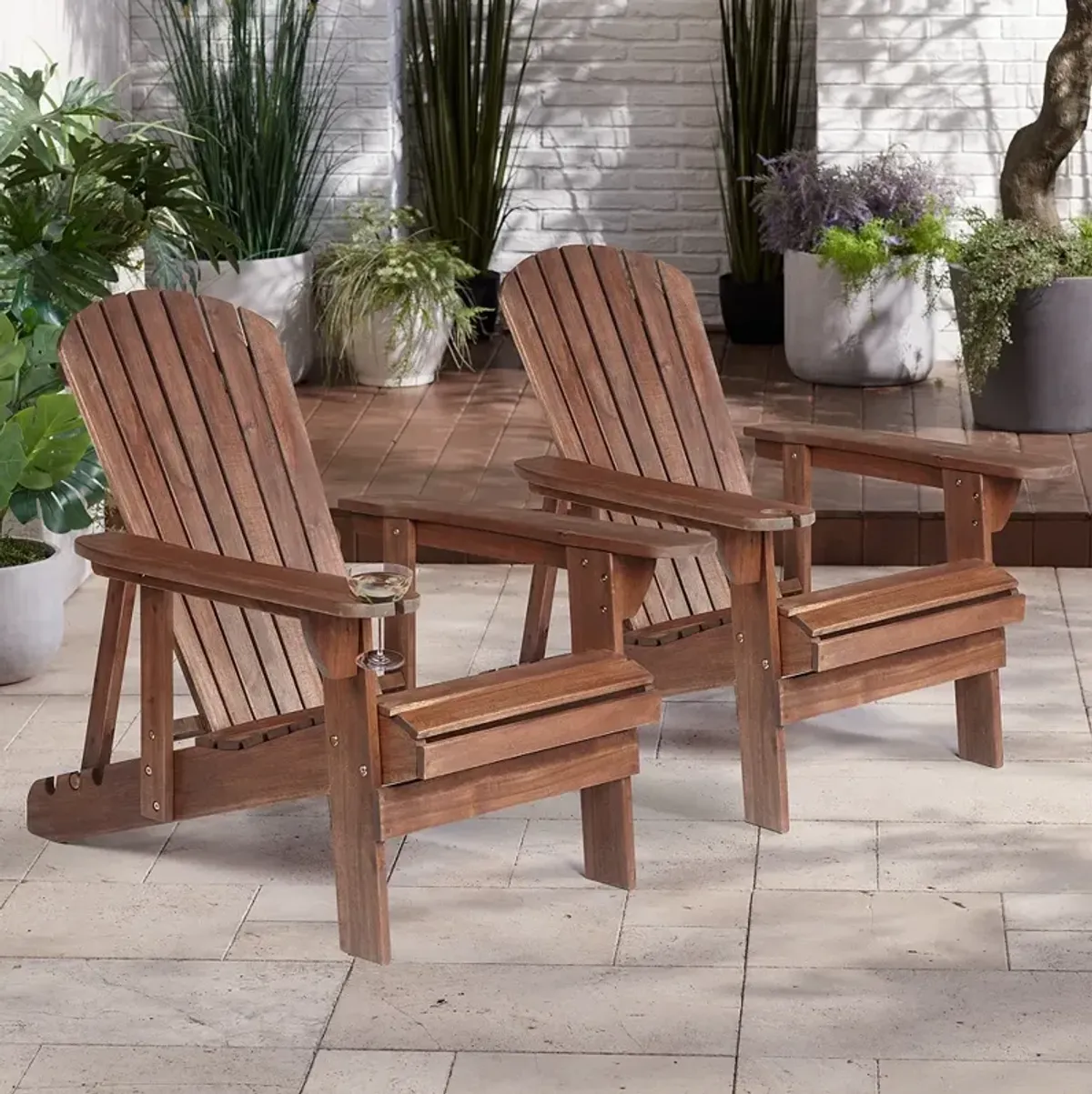 Kava Dark Brown Wood Outdoor Adirondack Chair with Wine Holder Set of 2