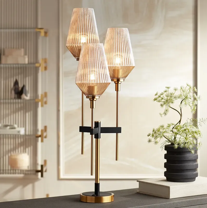 Possini Euro Axiom 39" Brass and Glass 3-Light Modern Console Lamp