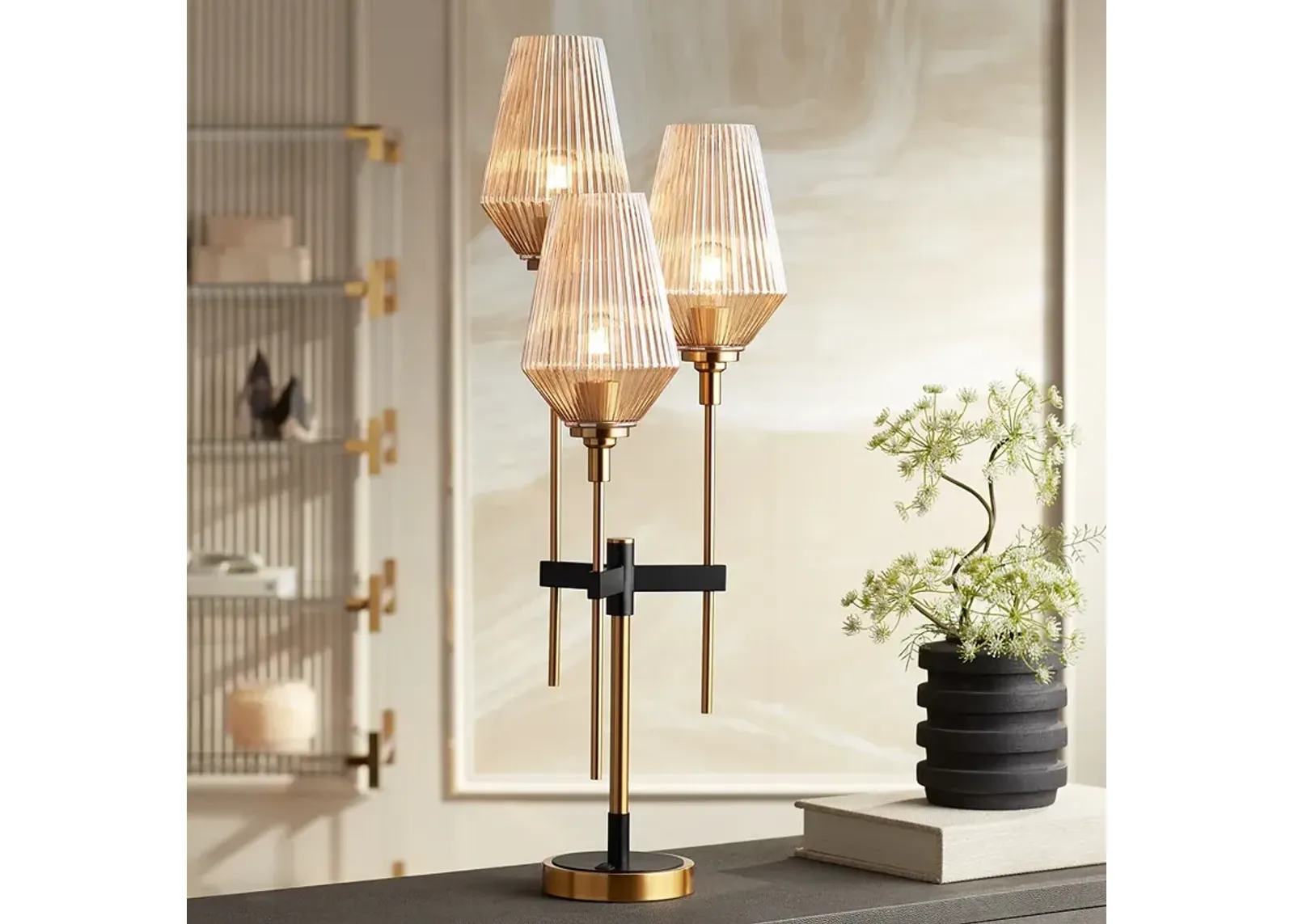 Possini Euro Axiom 39" Brass and Glass 3-Light Modern Console Lamp