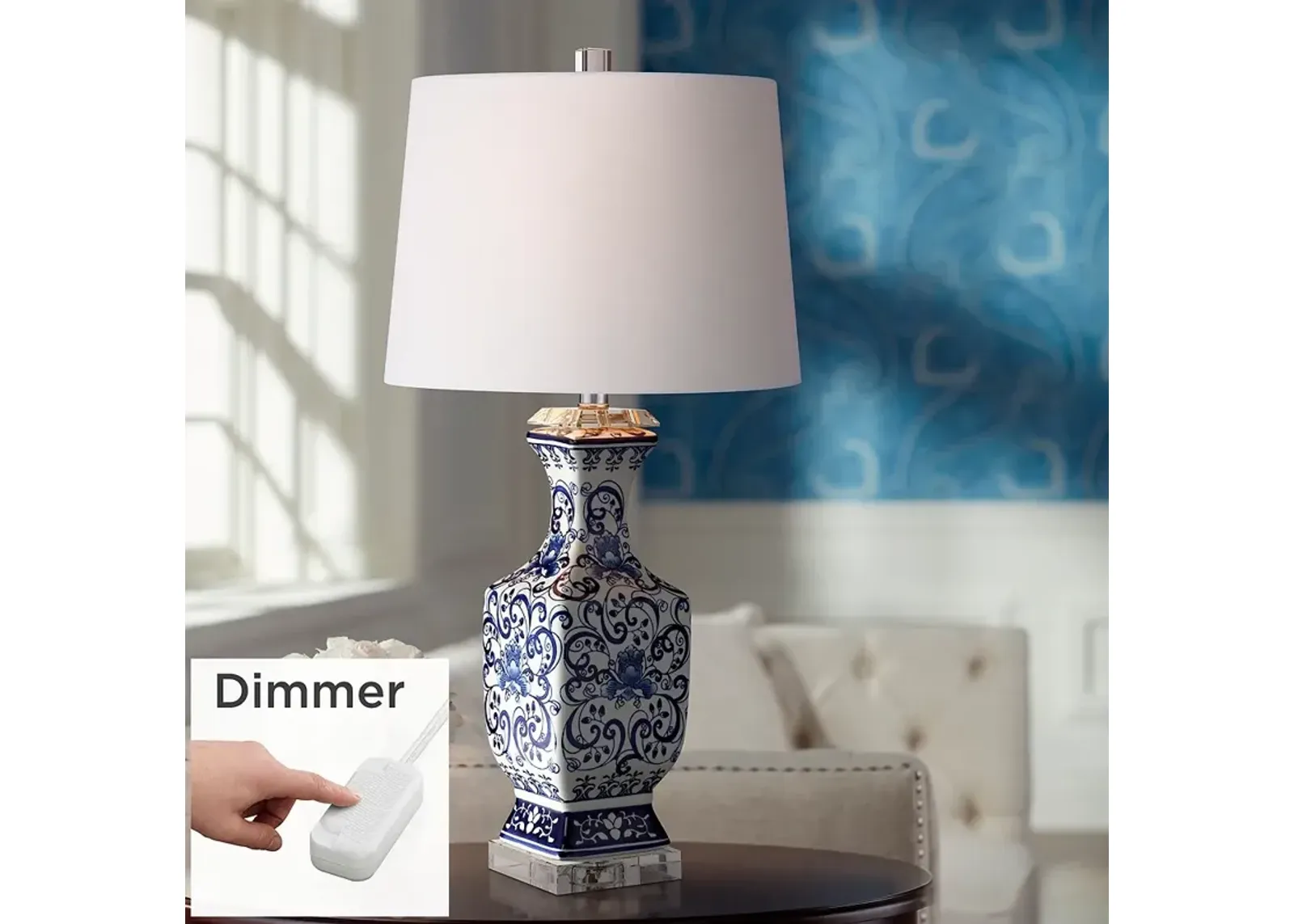 Barnes and Ivy Iris Blue and White Porcelain Table Lamp with Dimmer