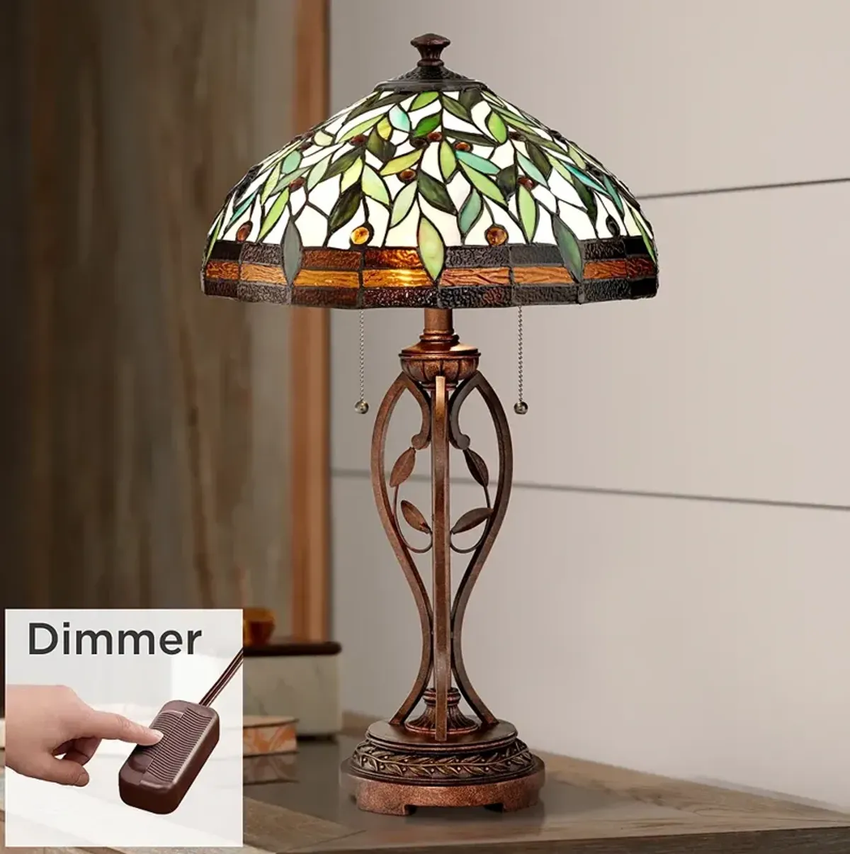 Blossoming Leaf Vine 26" Bronze Tiffany Lamp with Table Top Dimmer
