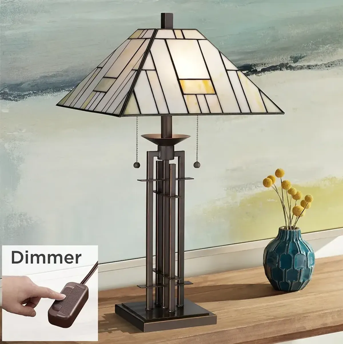 Franklin Iron Works Wrought Iron Tiffany-Style Table Lamp with Dimmer