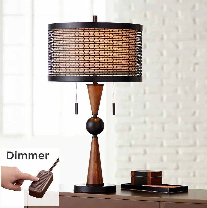 Hunter Bronze and Cherry Wood Table Lamp with Table Top Dimmer