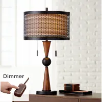 Hunter Bronze and Cherry Wood Table Lamp with Table Top Dimmer