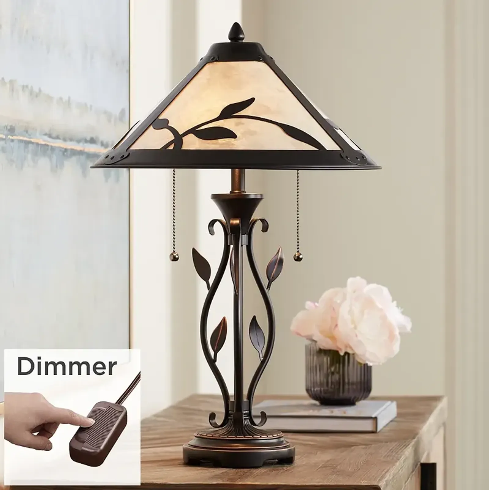 Feuille Leaf and Vine Mica Shade Lamp with Table Top Dimmer