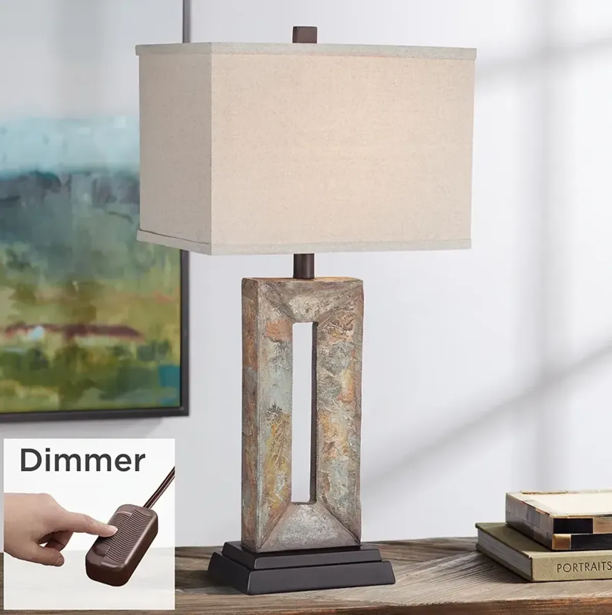 Franklin Iron Works Tahoe Rectangular Slate Table Lamp with Dimmer