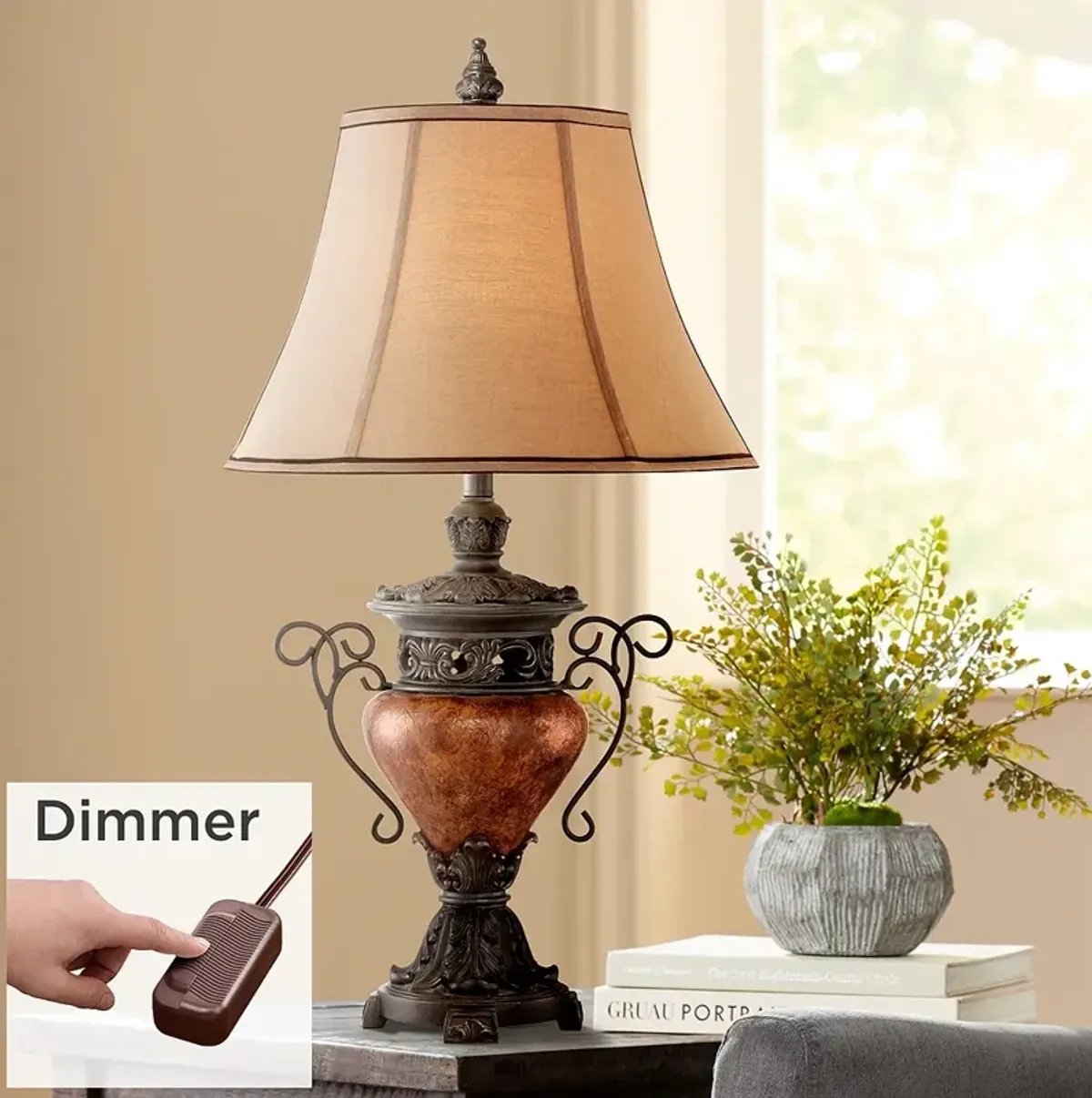 Bronze Crackle Large Urn Table Lamp with Table Top Dimmer