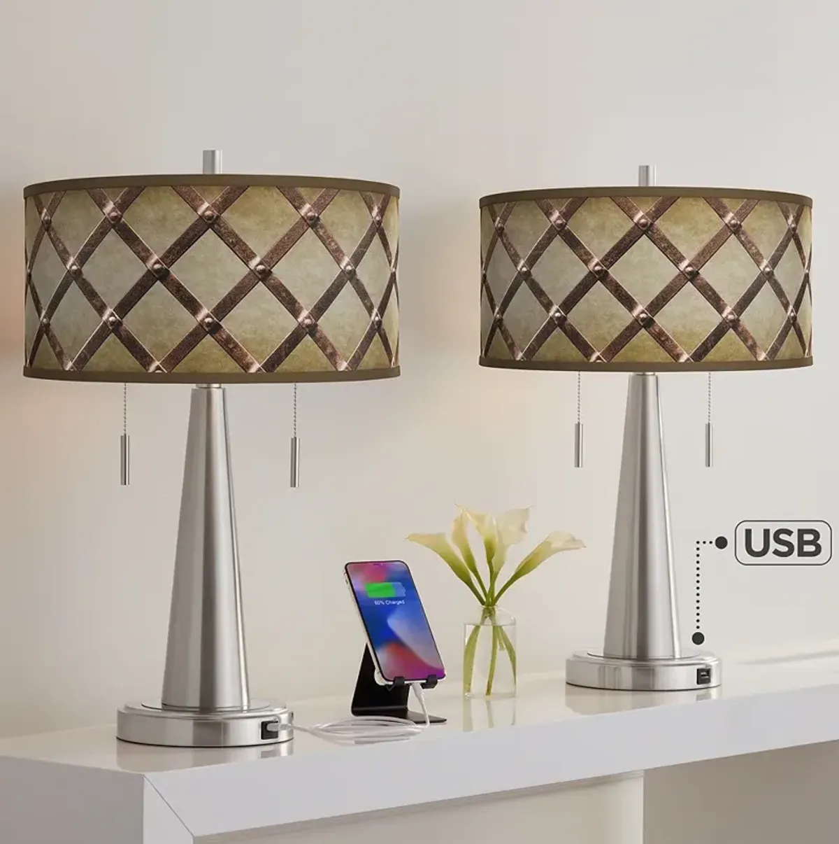Metal Weave Vicki Brushed Nickel USB Table Lamps Set of 2