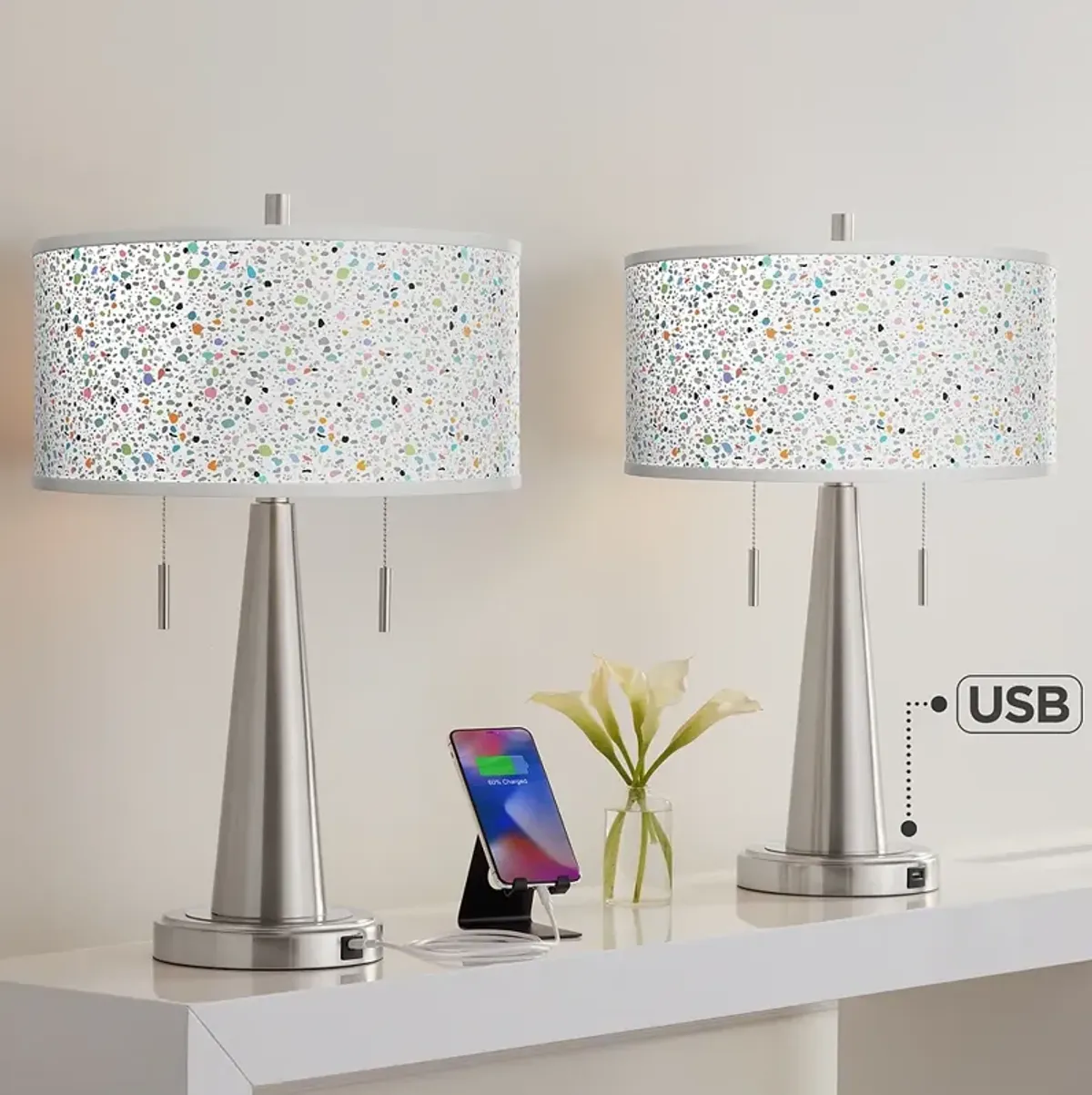 Giclee Glow Vicki 23" Colored Terrazzo Shade Nickel USB Lamps Set of 2