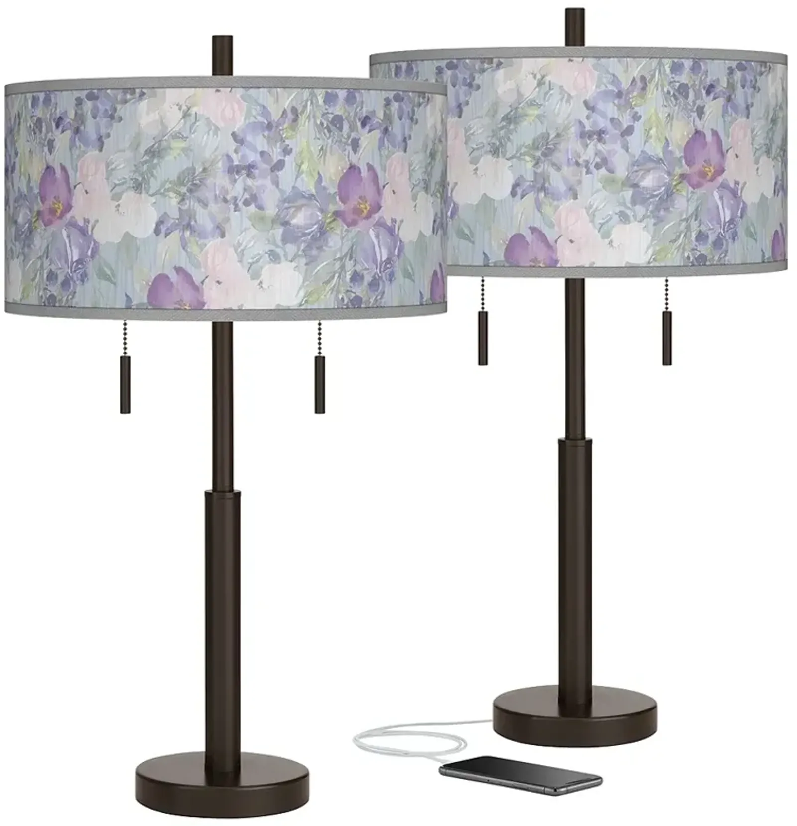 Spring Flowers Robbie Bronze USB Table Lamps Set of 2