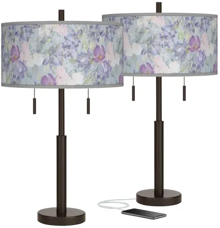 Spring Flowers Robbie Bronze USB Table Lamps Set of 2