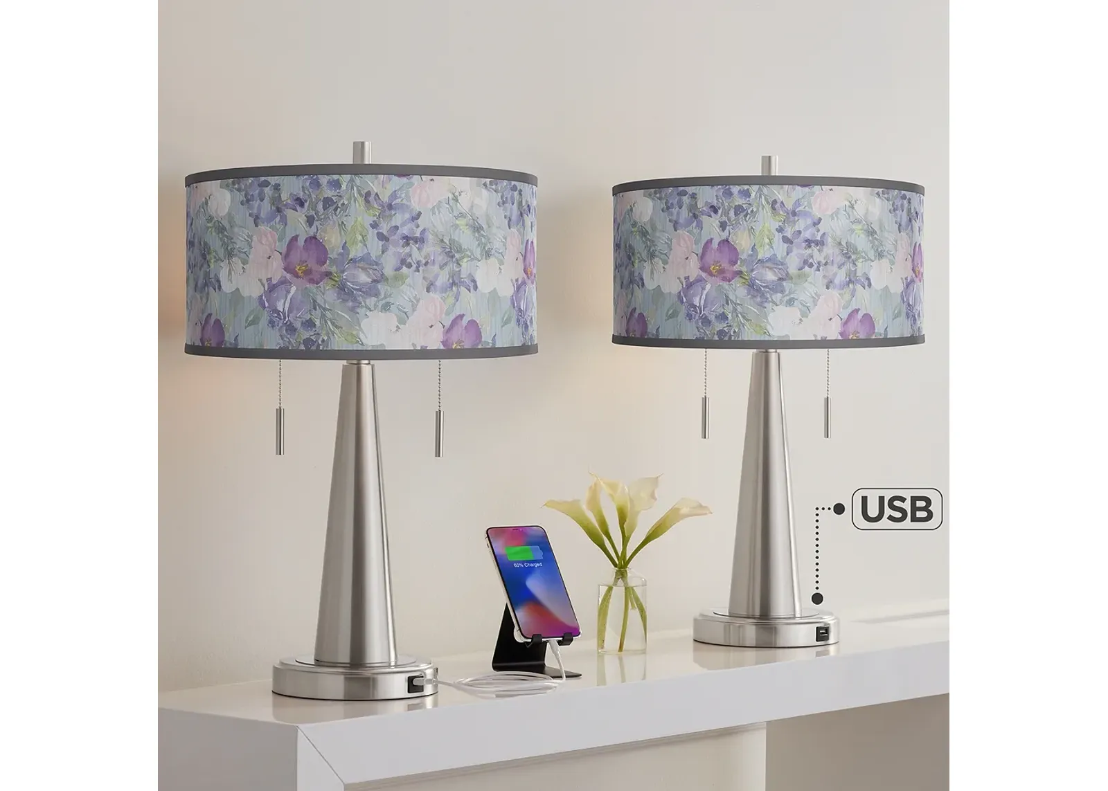 Spring Flowers Vicki Brushed Nickel USB Table Lamps Set of 2