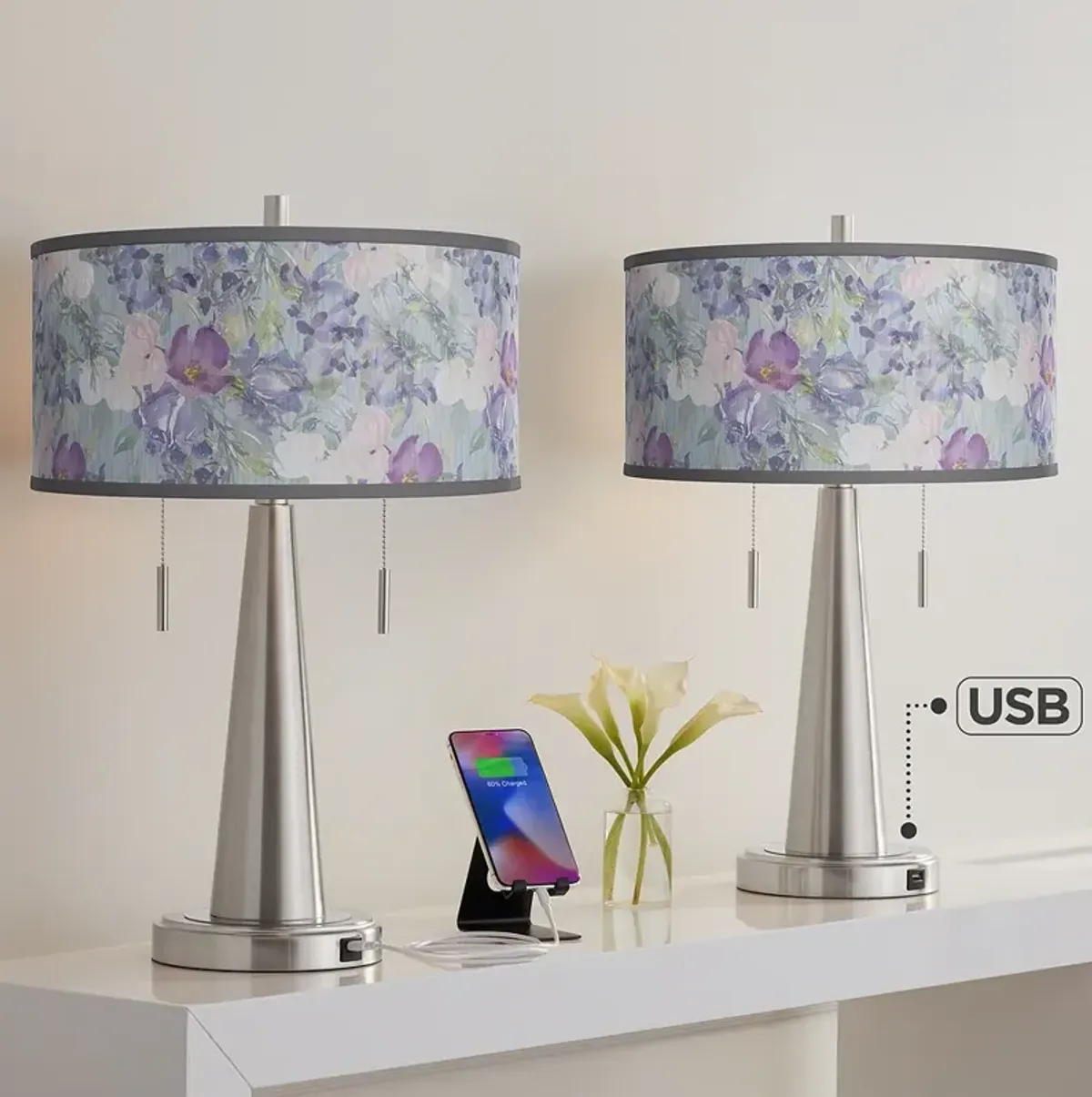 Spring Flowers Vicki Brushed Nickel USB Table Lamps Set of 2