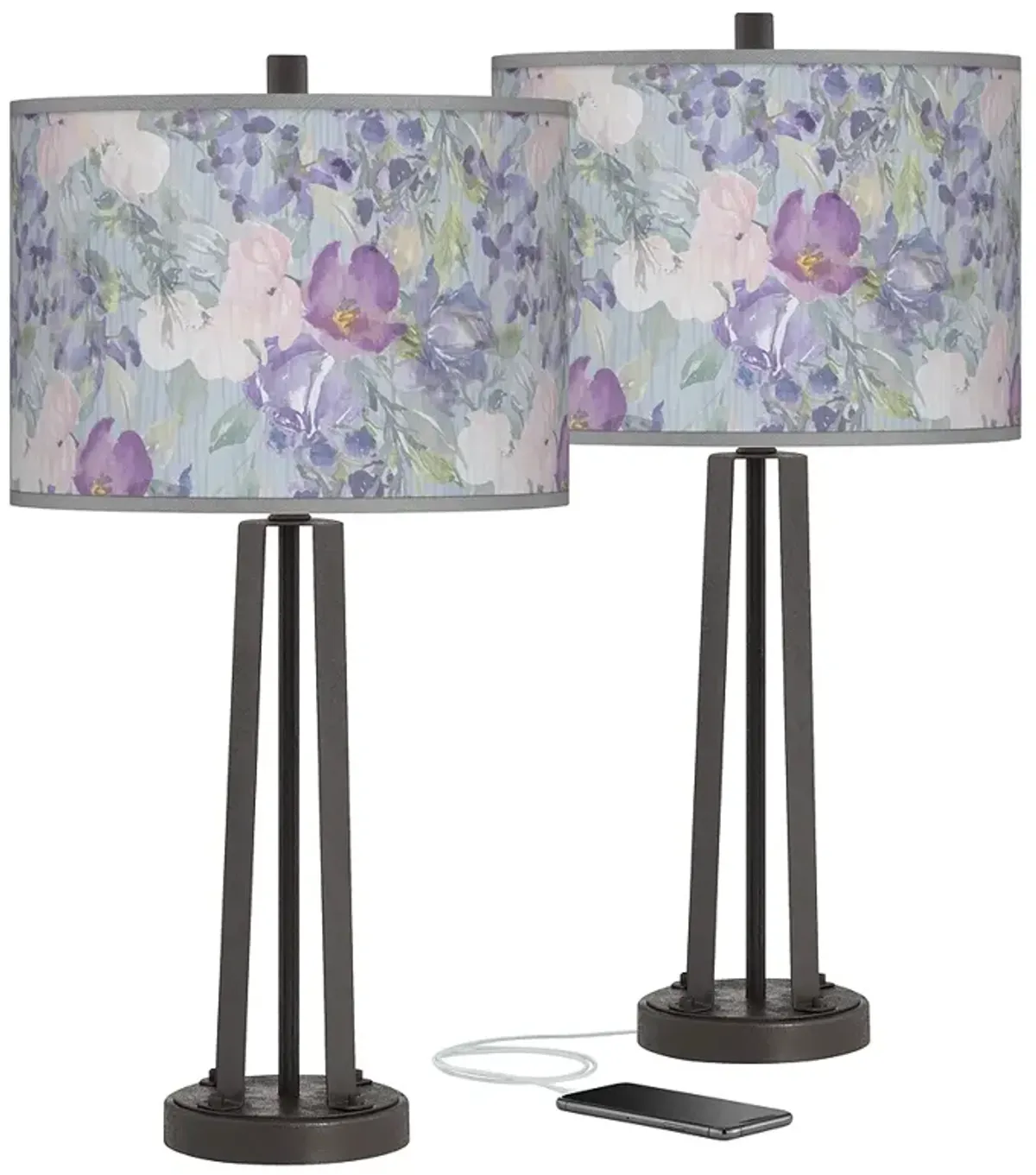 Spring Flowers Susan Dark Bronze USB Table Lamps Set of 2