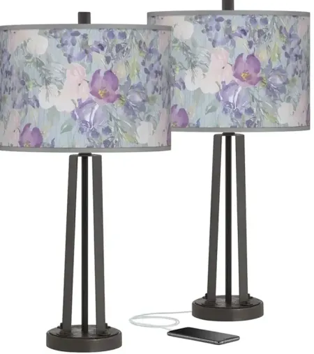 Spring Flowers Susan Dark Bronze USB Table Lamps Set of 2