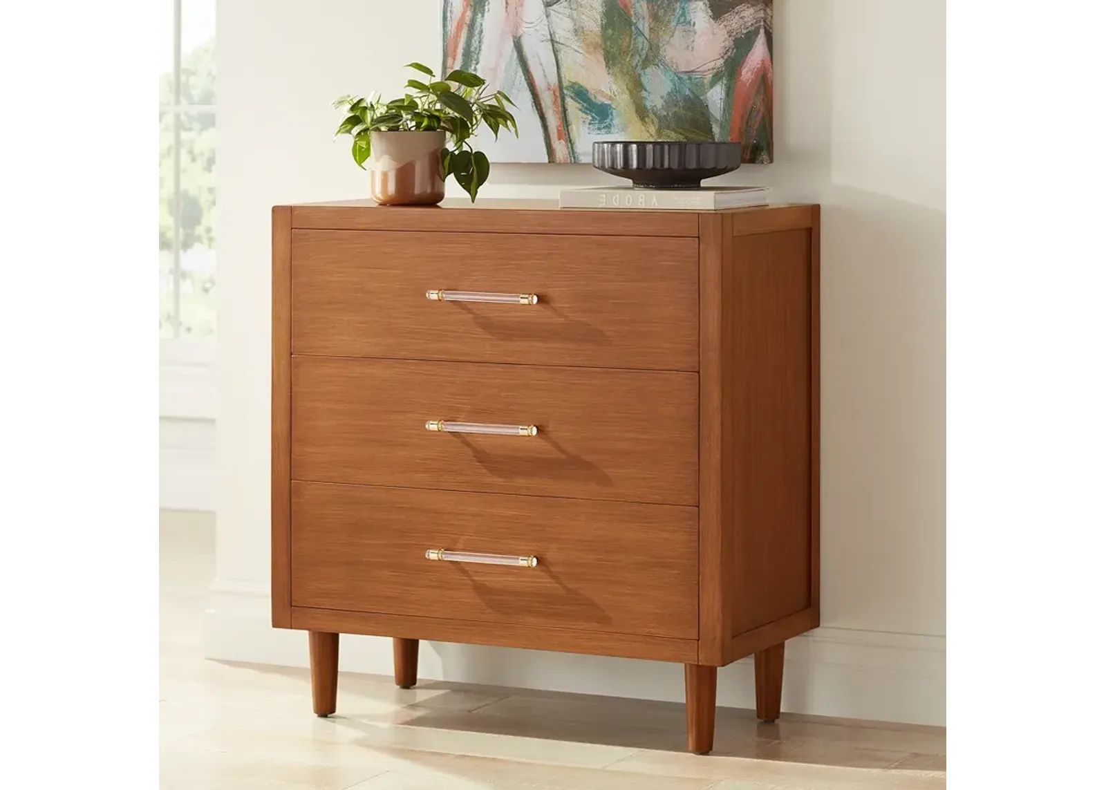 Ollie 32" Wide Brushed Teak 3-Drawer Cabinet with Crystal Handles