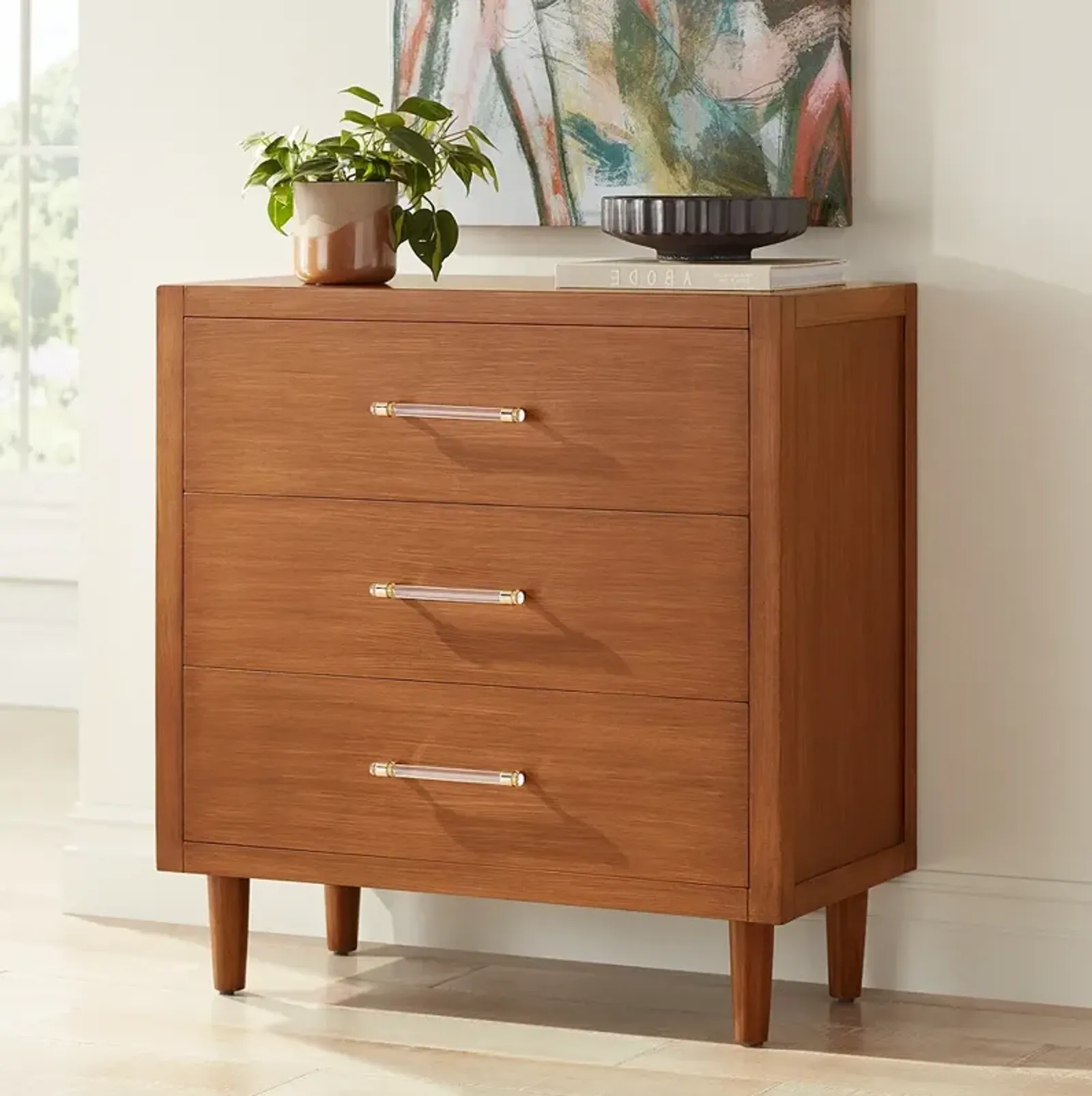 Ollie 32" Wide Brushed Teak 3-Drawer Cabinet with Crystal Handles