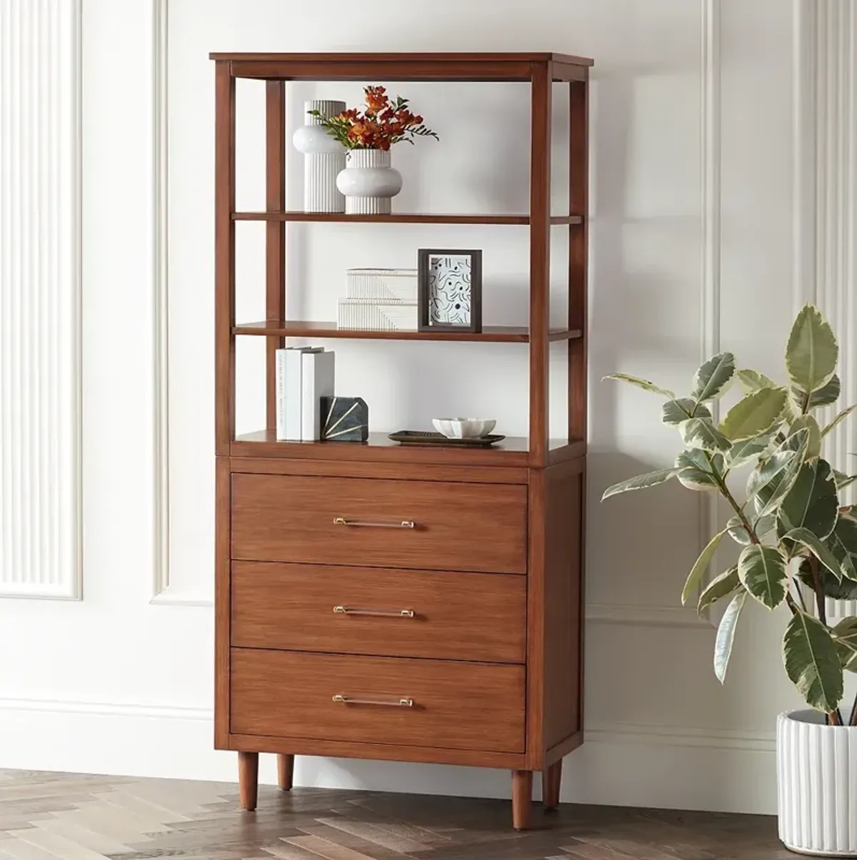 Ollie 72" High Teak 3-Drawer and 3-Shelf Modern Bookshelf