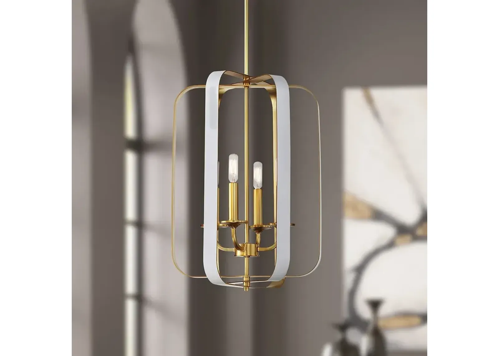 Minka Aureum 14" Gold and White Open Cage 4-Light Modern Pendant Light