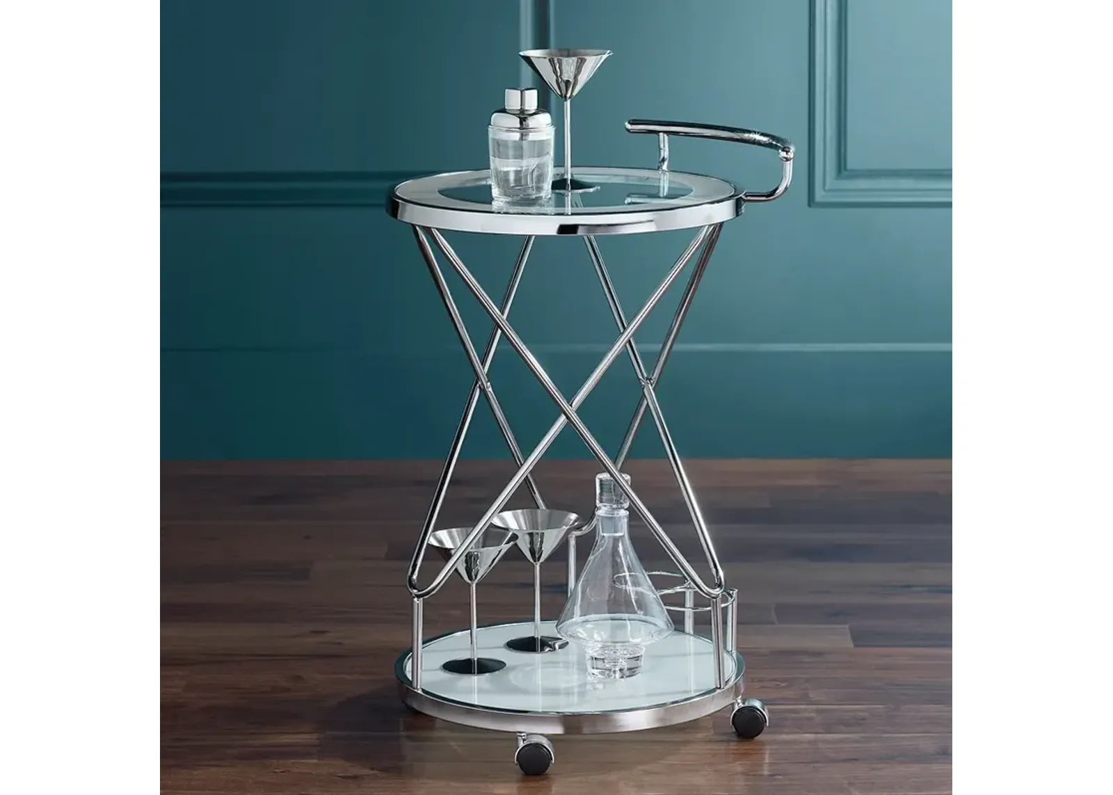 Page 29 1/2" High Glass and Chrome Rolling Serving Bar Cart