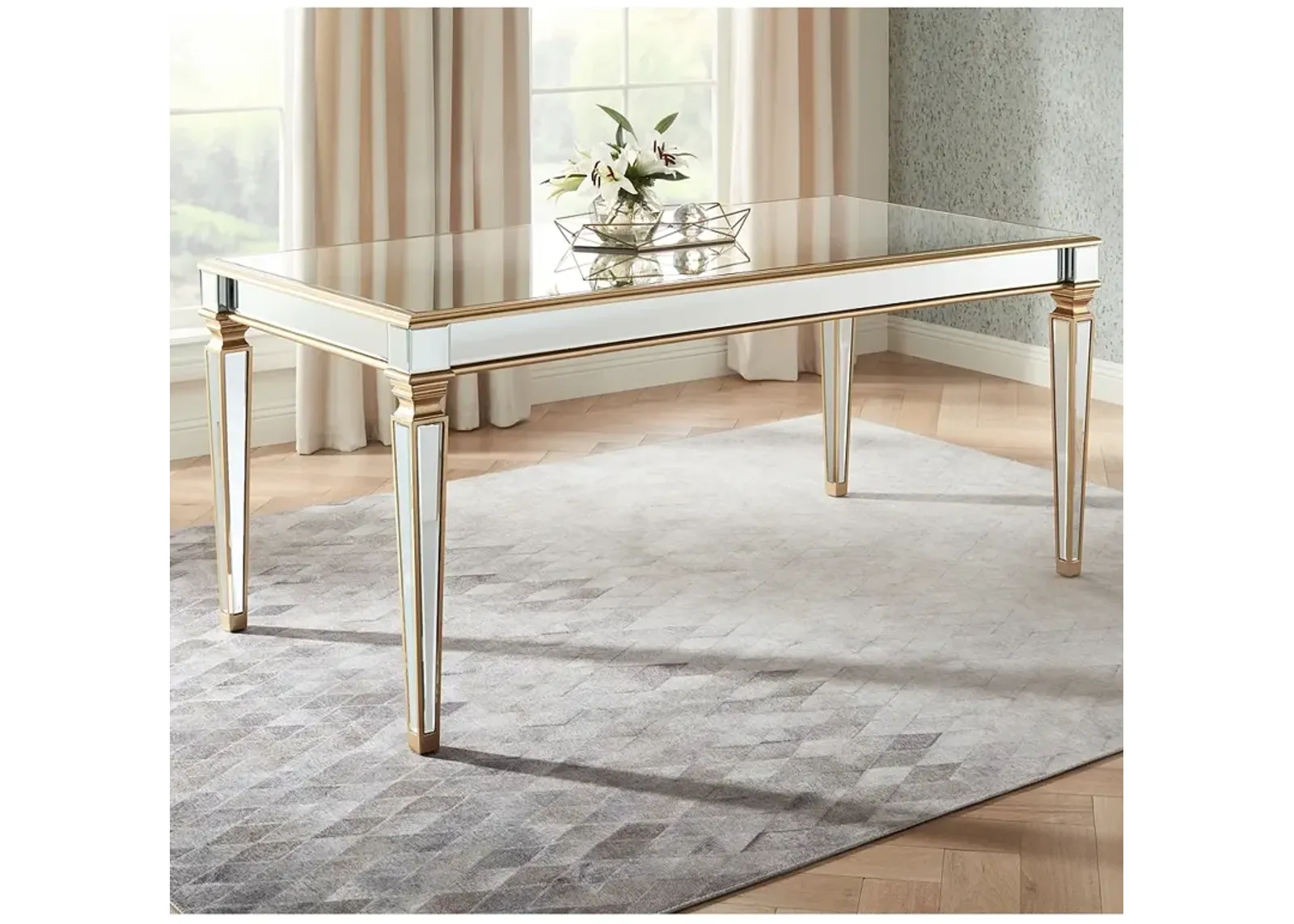 55 Downing Street Veronica 71" Wide Gold Leaf and Mirror Dining Table