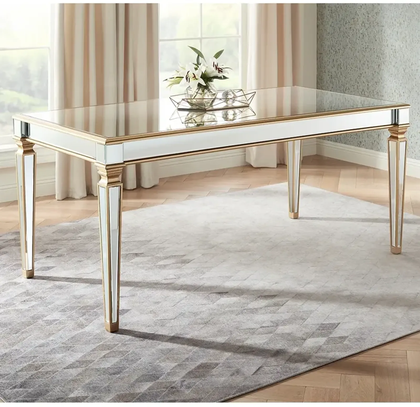 55 Downing Street Veronica 71" Wide Gold Leaf and Mirror Dining Table