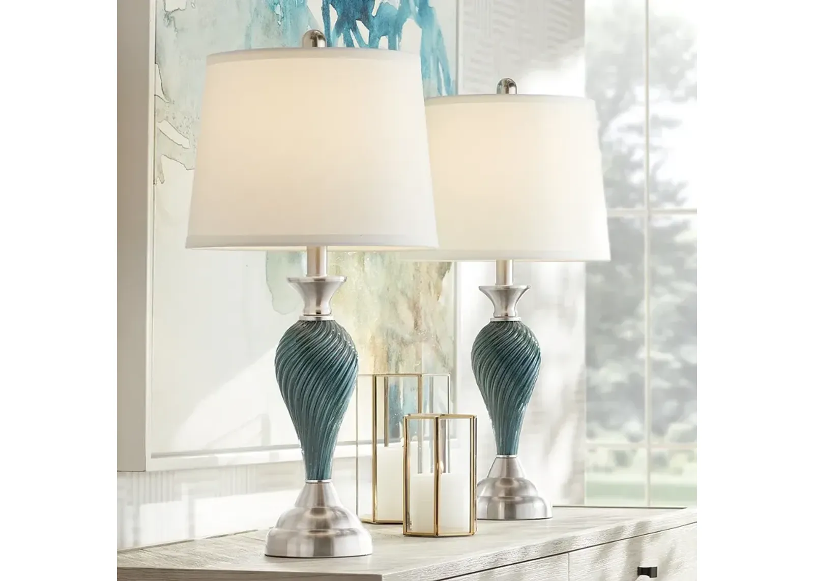 Regency Hill Arden 25" Green-Blue Glass Twist Column Lamps Set of 2