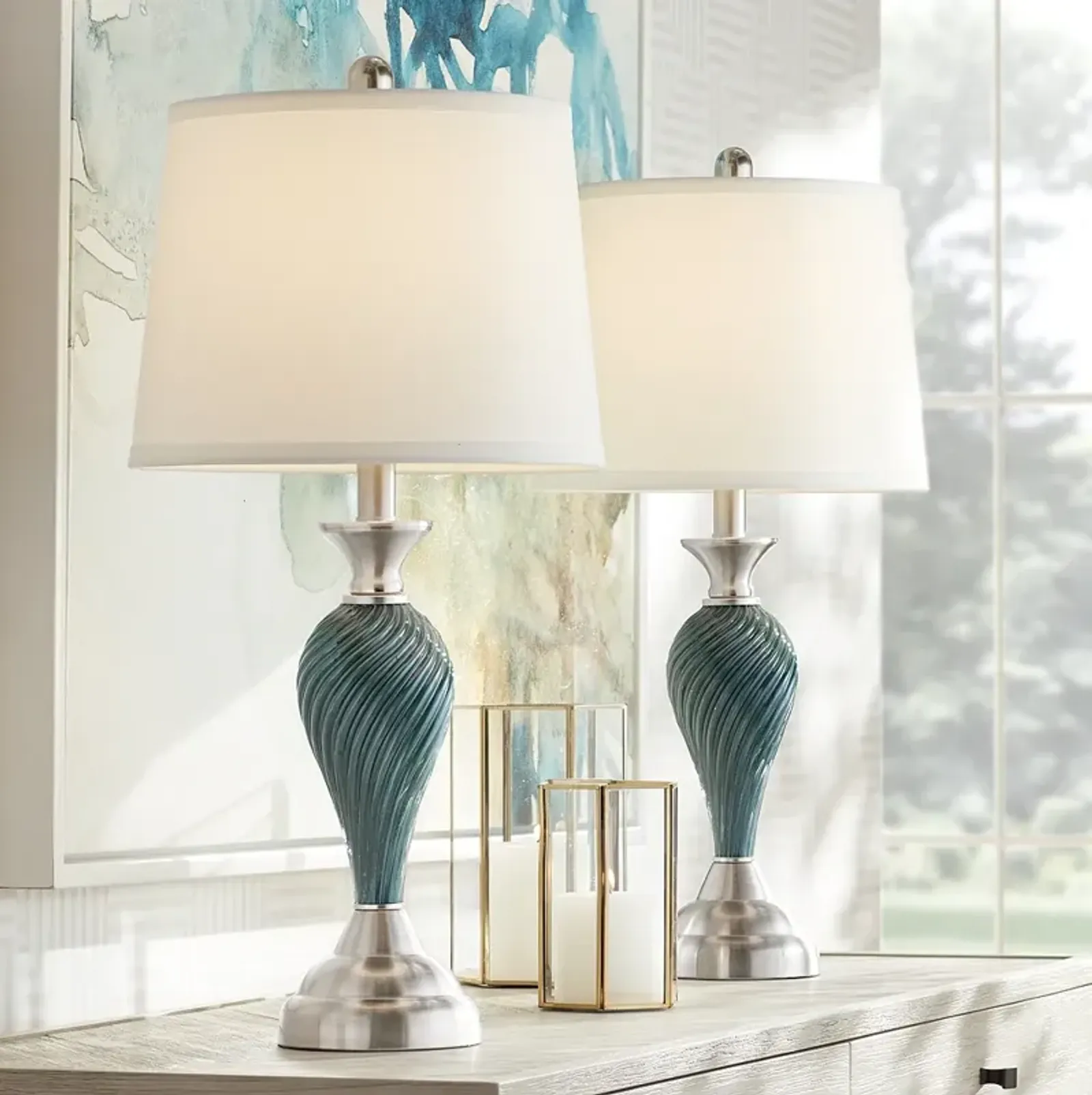 Regency Hill Arden 25" Green-Blue Glass Twist Column Lamps Set of 2