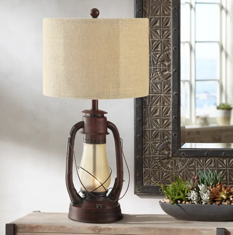 Crestview Rustic Red Lantern Table Lamp with Nightlight
