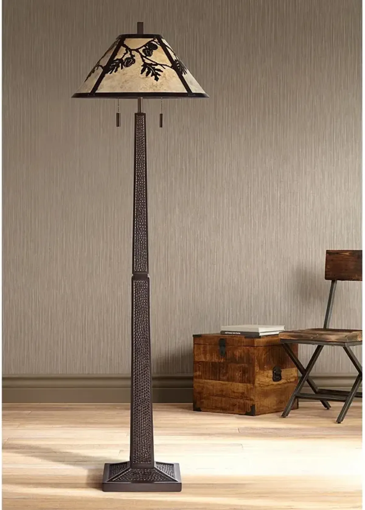 Franklin Iron Works Rustic Oak 66" High Mica Shade Floor Lamp