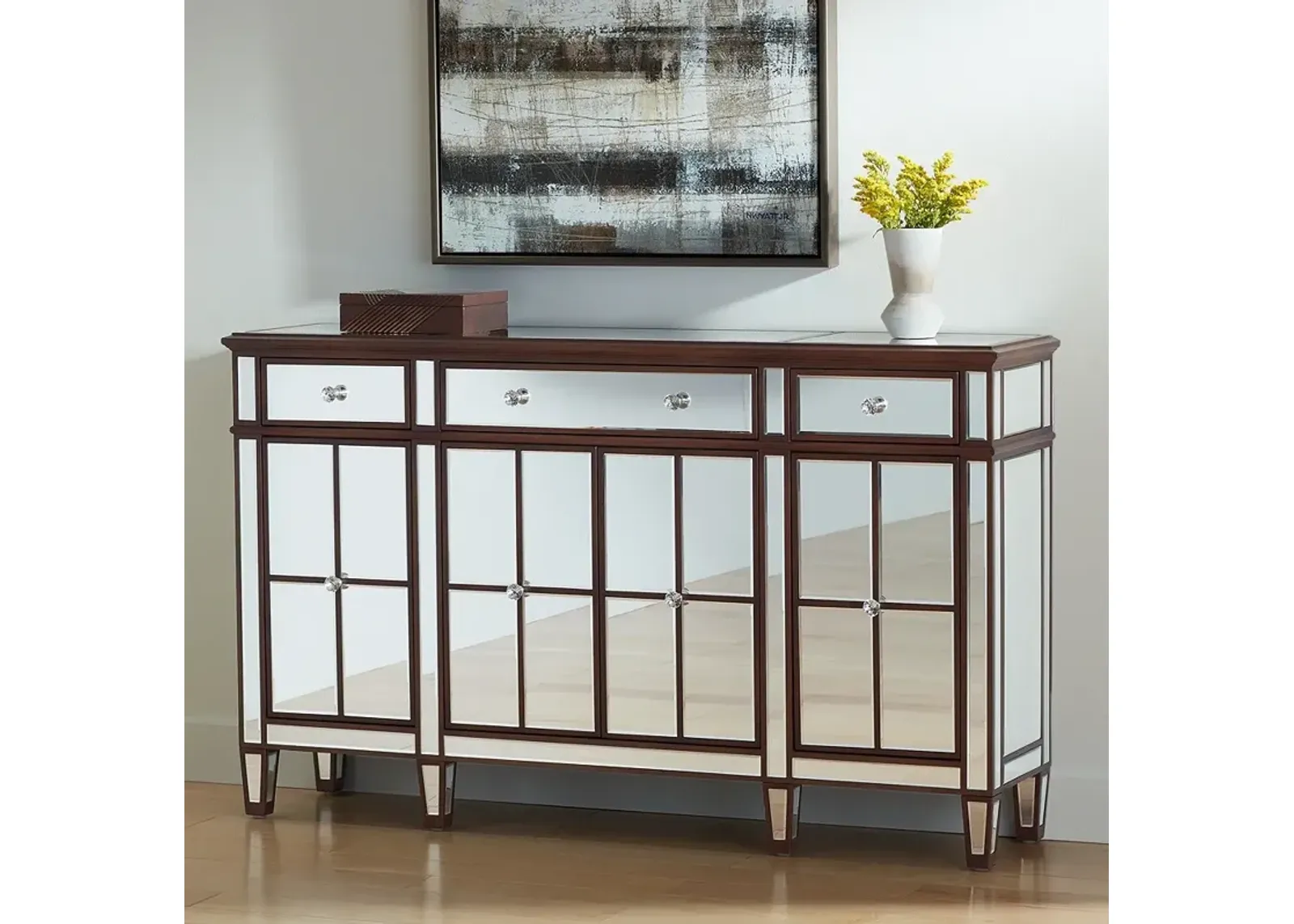 Vincent 60" Wide Mirrored and Brushed Oak Accent Cabinet