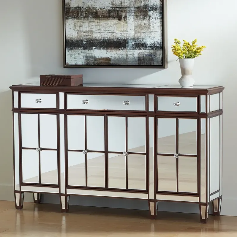 Vincent 60" Wide Mirrored and Brushed Oak Accent Cabinet