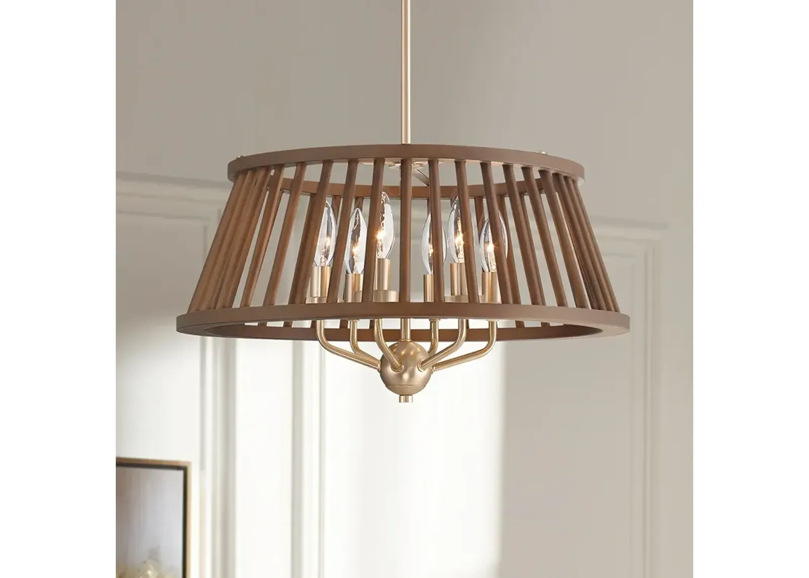 Givens 19 3/4" Wide Satin Bronze and Wood 6-Light Pendant