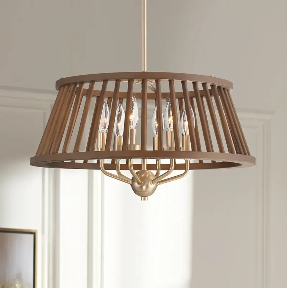 Possini Euro Givens 19 3/4" Wide Satin Bronze and Wood 6-Light Pendant